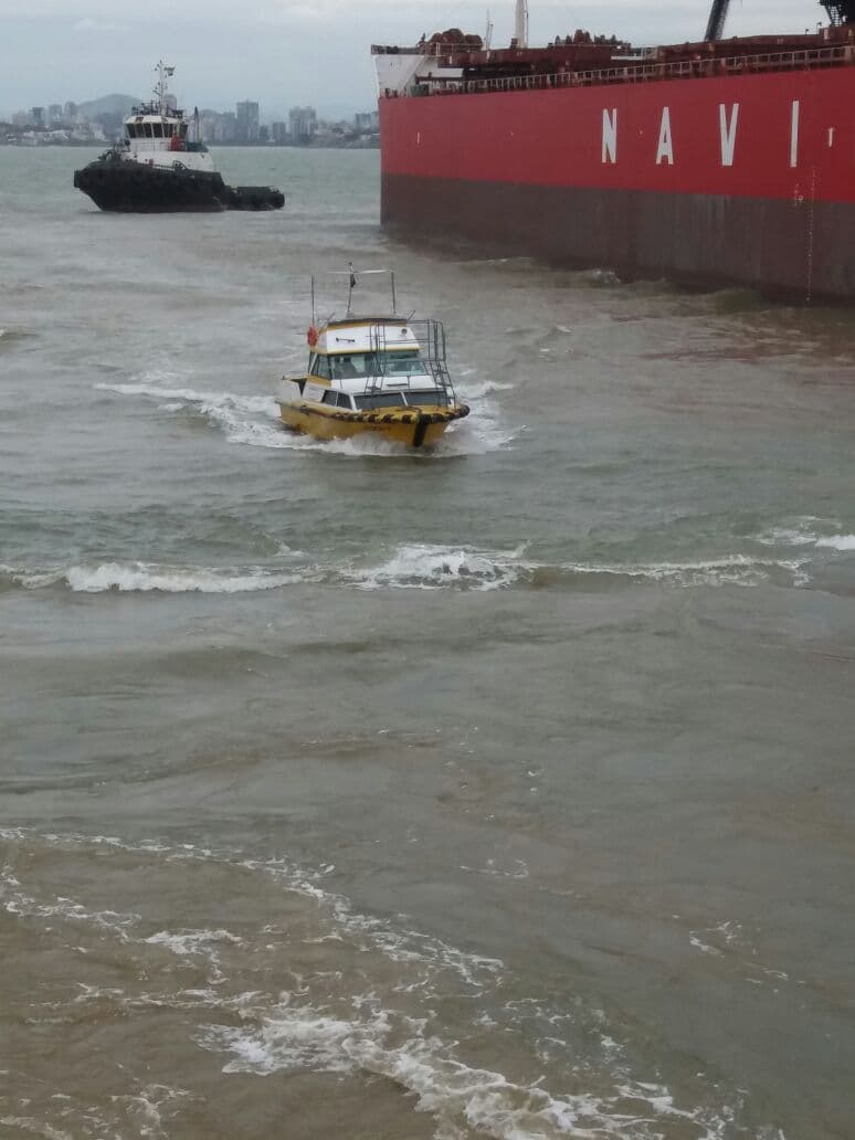 Lancha da Vitsea apoiando manobra de atracação junto ao navio e rebocador